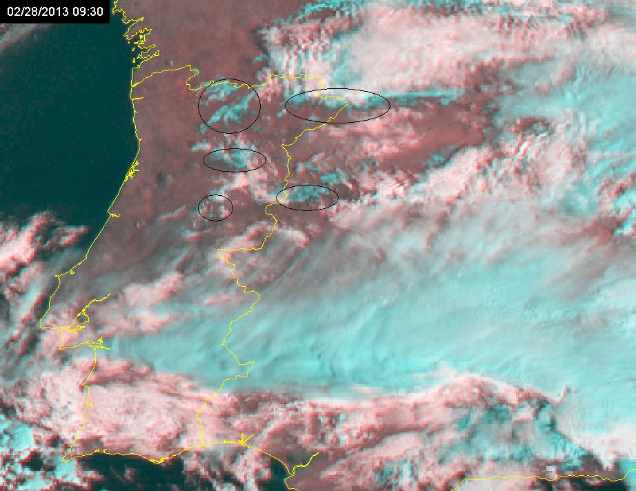 Figura 1 Imagem combinada (infravermelho próximo 1.6 micra e vísivel de alta resolução do satélite MSG) para o dia 28 de fevereiro de 2013 às 09:30 UTC.