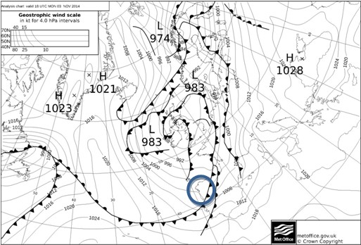 Análise de superfície das 18 UTC de dia 3 de novembro de 2014 (carta do UK Met Office)