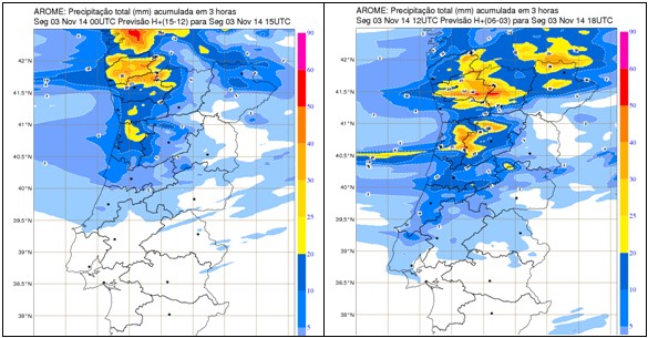 Previsão do modelo AROME da precipitação total (mm) acumulada em 3h às 15 UTC e às 18 UTC